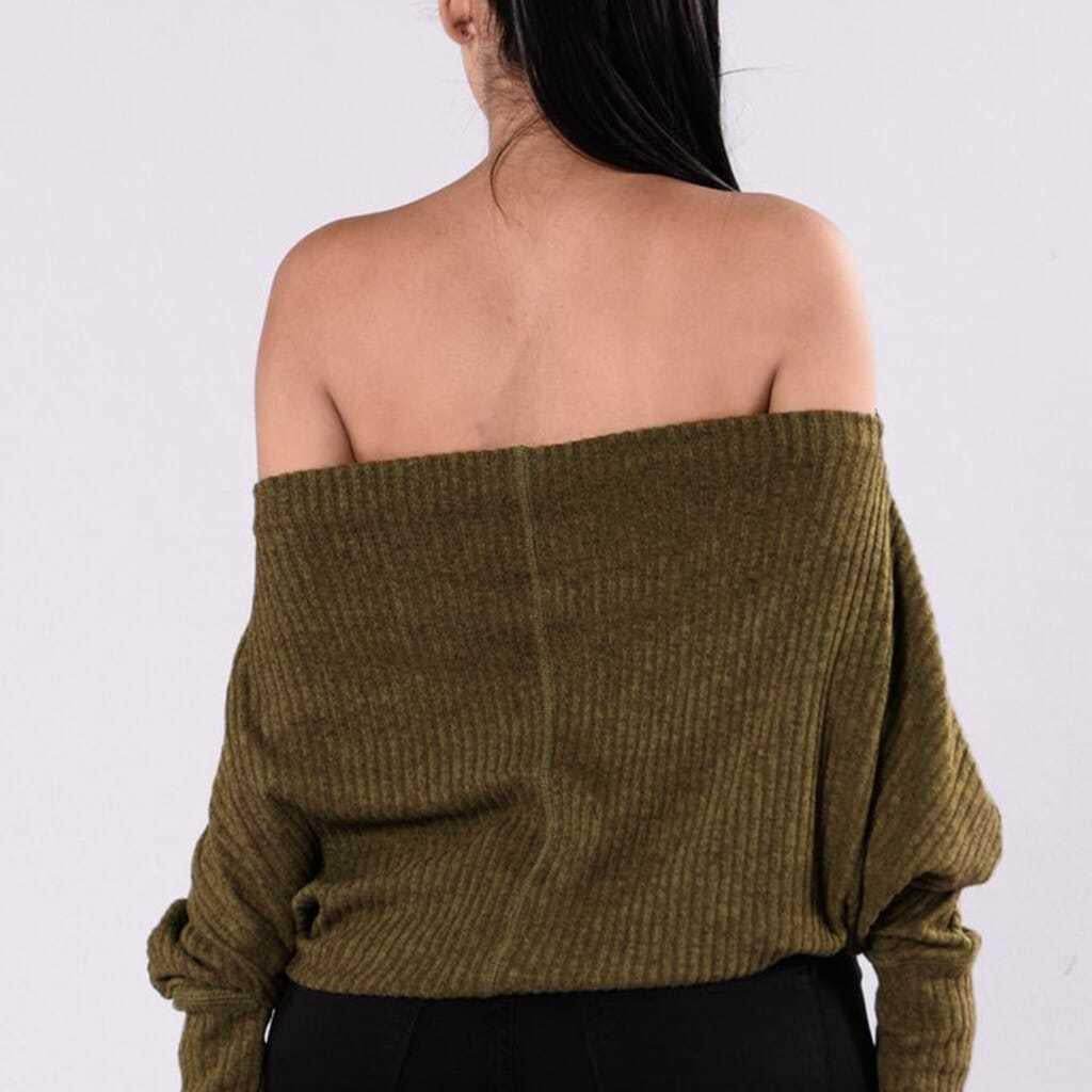 Pofulove Women Sexy Off-the-shoulder Sweater Solid Color Knitwear Long Sleeve Loose Jumper Knitwear