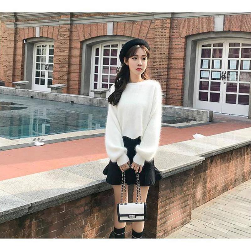 Pofulove 8 Colors Cute Long Latern Sleeve Knitted Shirt O-neck Loose Blouse Simple Color Sweaters