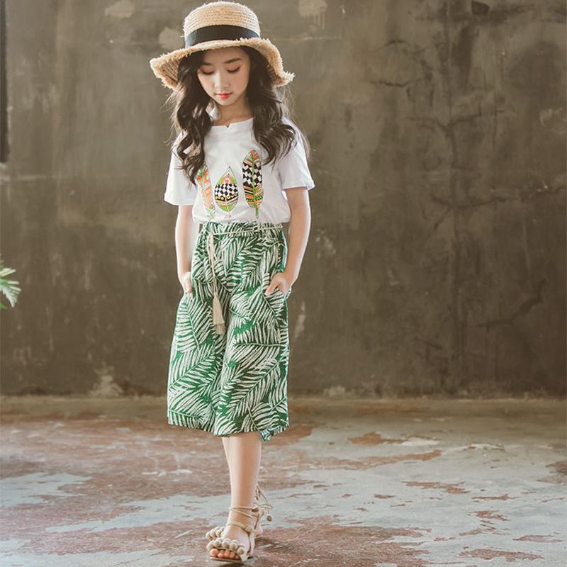 Girls' Summer Fashionable Suits Big Kids Children's Clothes Western Style Wide-leg Pants Printed Two-piece Suit