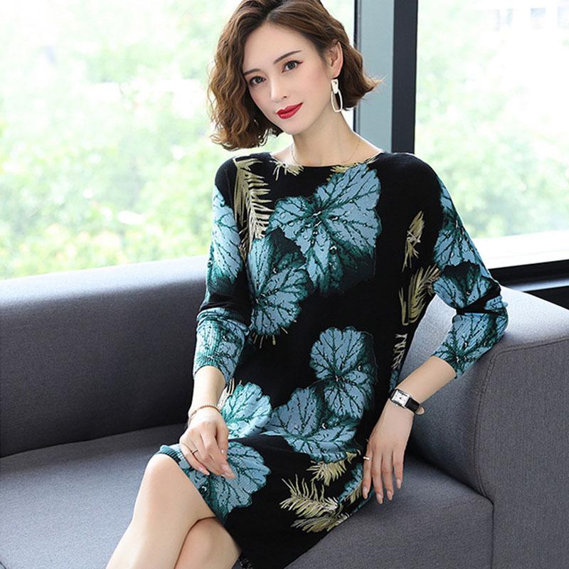 Floral Print  Knit Dress Women Long Sweaters Casual Long Sleeve Loose Pullover Soft Jumper Autumn Winter Knitted Sweaters Dress