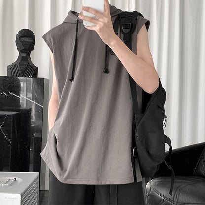 Summer Solid Color Hooded Vest Men's Trendy Loose Waistcoat Slit All-match Sports Hoodie Vest