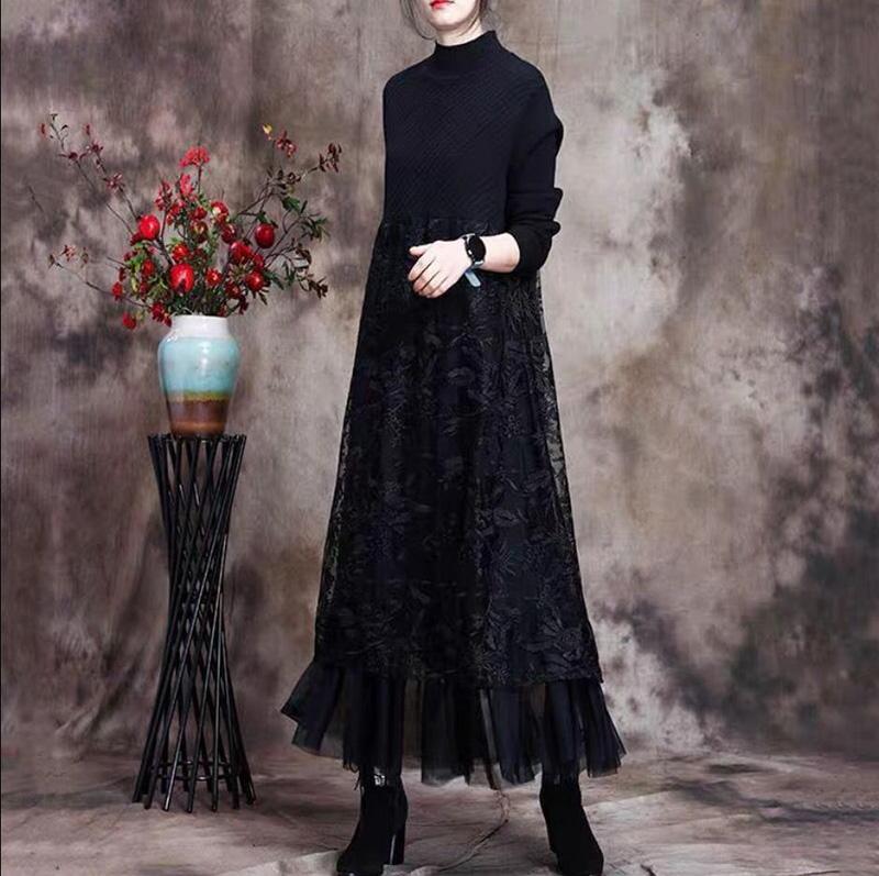 Autumn and Winter Bottoming Skirt Mid-length Retro Ethnic Embroidery Knitted Sweater Dress Long-sleeved Half-high Collar Lace Skirt