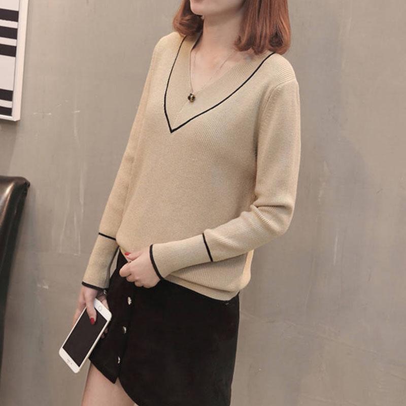 Pofulove V-Neck Sweater Knitted Women Winter Loose Pullover Sweaters Tops Long Sleeves Knitwear