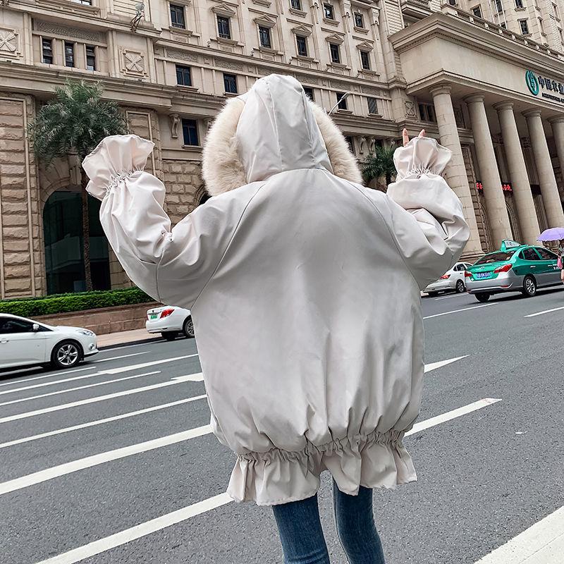 Winter Ruffled Thickened Women's Cotton-padded Jacket Mid-length Fur Collar Hooded Cute Rabbit Ears Cotton-padded Jacket Fashion Warmth Parka Coat