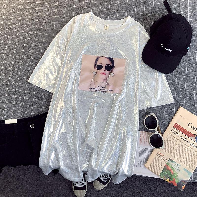 Shiny Women Long T-shirt Dress Girl Loose O-Neck Casual Big Loose Home Comfort Outer Convenient