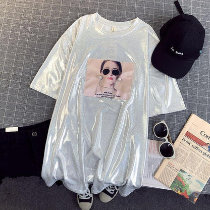 Shiny Women Long T-shirt Dress Girl Loose O-Neck Casual Big Loose Home Comfort Outer Convenient