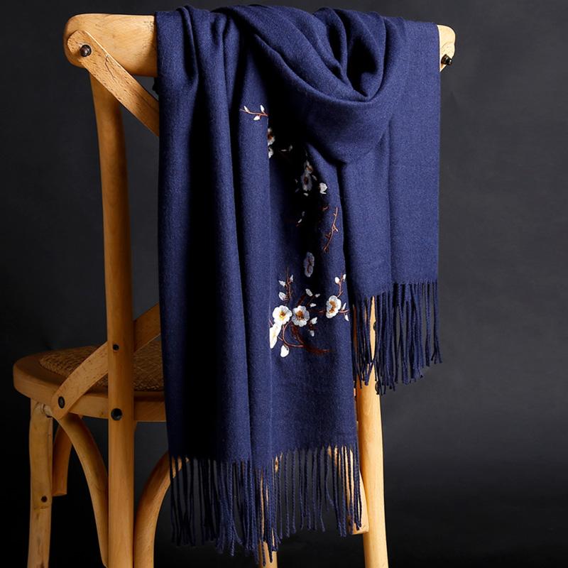 Pure Color Imitation Cashmere Embroidered Scarf Mid-length Ladies Ethnic Style Tassel Shawl Warm Scarf Soft Fabric Women's Shawl