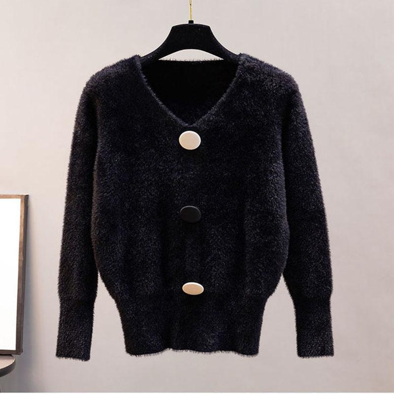 Imitation Mink Sweater Women V-neck Furry Knit Sweater Coat Autumn and Winter Knitted Jumper Top