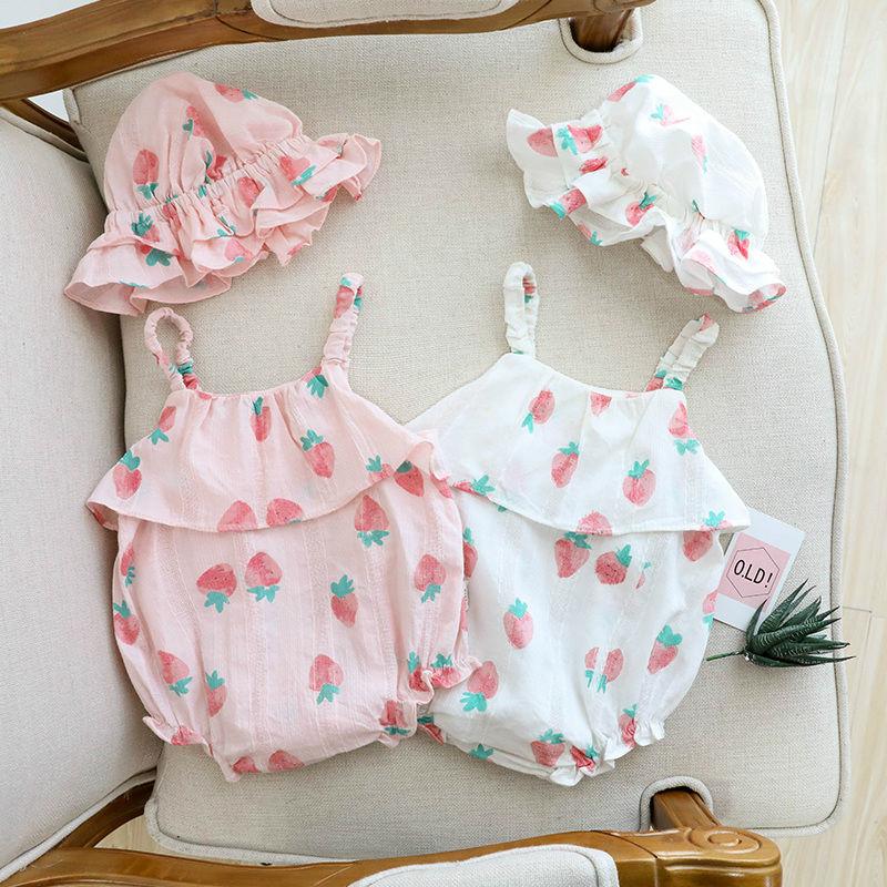 Newborn Infant Baby Girls Clothes Straps Strawberry Print Romper Sunsuit Hat Bodysuit Romper Baby Babykleding