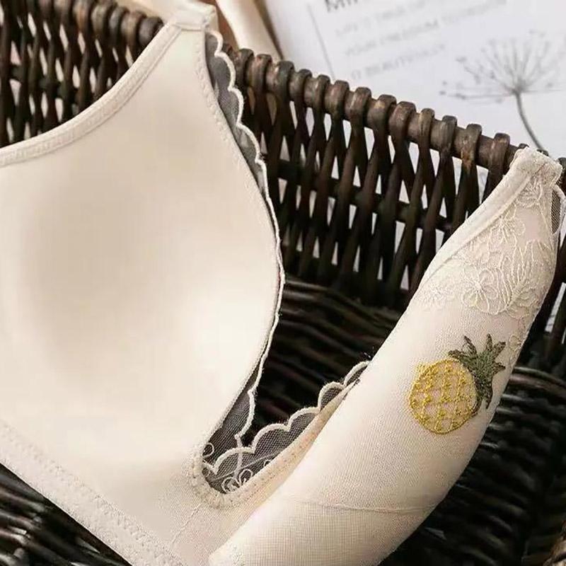 Korean Version Without Steel Ring Gathered Anti-sagging Upper Collection Side Milk Fruit Embroidered Women's Underwear Bra
