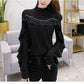 Autumn and Winter Rhinestone Ruffle Sweater Round Neck Long-sleeved Slim Top All-match Knitted Bottoming Shirt