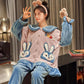 Pajamas Women Autumn Winter Sleepwear Coral Fleece Velvet Thickening Flannel Warm Nightwear Long Sleeve Loose Top Pant Set Cartoon Cute Home Wear Suit