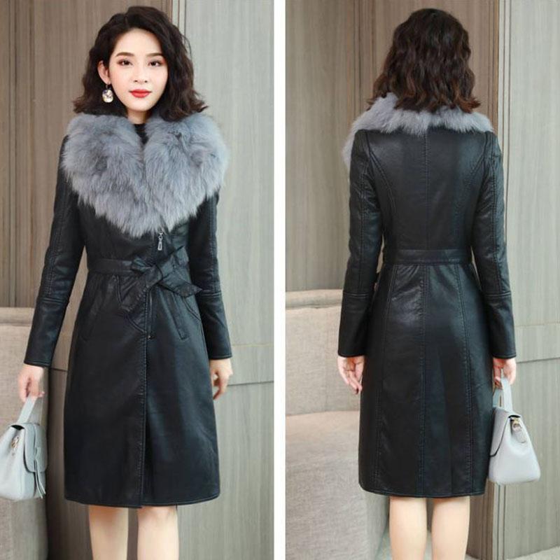 Large Fur Collar Winter Leather Jacket Women Plus Velvet Thick Mid-length Slim and Thin Waist Leather Jacket