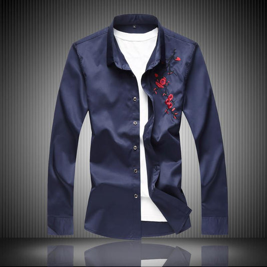 Thin Chinese Style Men's Long-sleeved Embroidered Flower Shirt Plus Fat Plus Size Youth Loose Casual Shirt