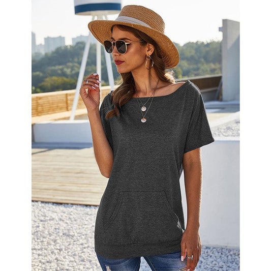 Solid T-shirt Casual Personality Pocket Shirt Summer One Shoulder Top Aesthetic Clothes Loose Shirts for Women Harajuku Blouse Female Lazy Shirts
