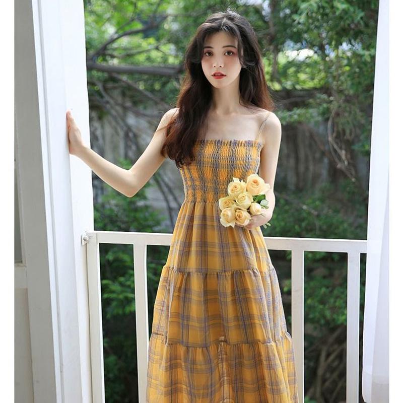 One Piece Women A-line Lattice Skirt Sling Dress Mid-length Chiffon Veil  Sleeveless Ruffled Folds Tube Top Party  Dress