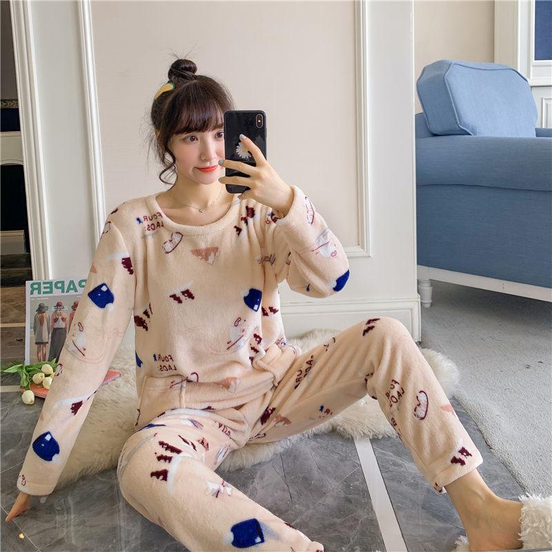 Autumn and Winter Thick Korean Flannel Ladies Pajamas Coral Fleece Loose Casual Cute Plus Size Home Service