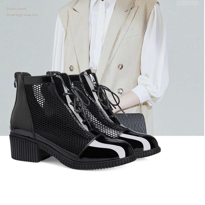 Ladies Mesh Breathable Cool Boots Spring and Autumn Middle Heel Lace Back Zipper Hollow Single Boots Thick Heel Martin Boots Women