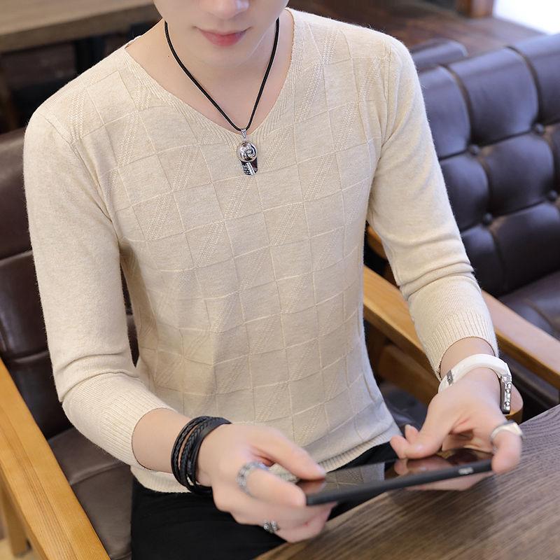 Men's Long-sleeved V-neck Knit Sweater Slim Fit Winter Warm Inner Clothes Solid Color Sweater Bottoming Shirt