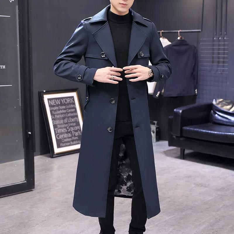 Spring Long Over Knee Windbreaker Men Slim Jacket V-neck Casual Coat Trend Parka for Youth