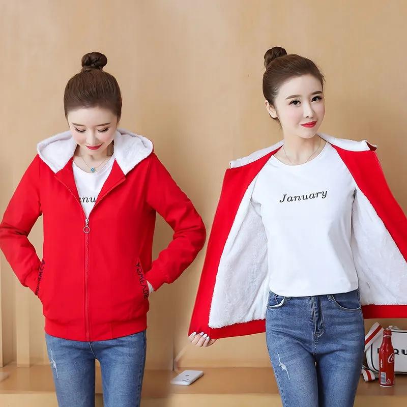 Fleece Thickened Hooded Jacket Autumn and Winter Warm Jacket Women Loose All-match Sports Jacket