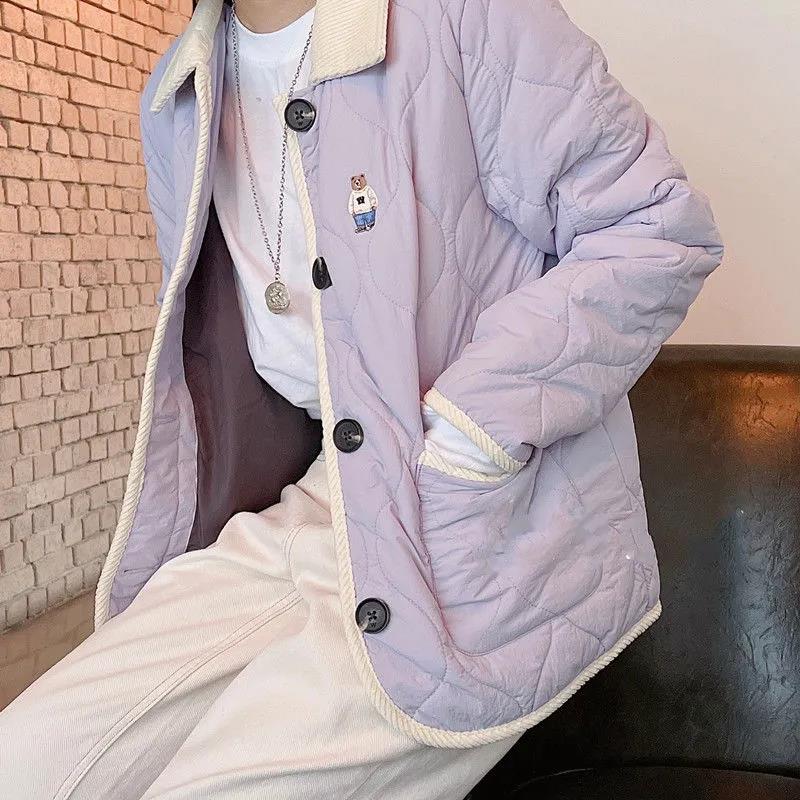 College Wind Bear Embroidery Lapel Cotton Quilted Loose Short Warm Long-sleeved Jacket Women