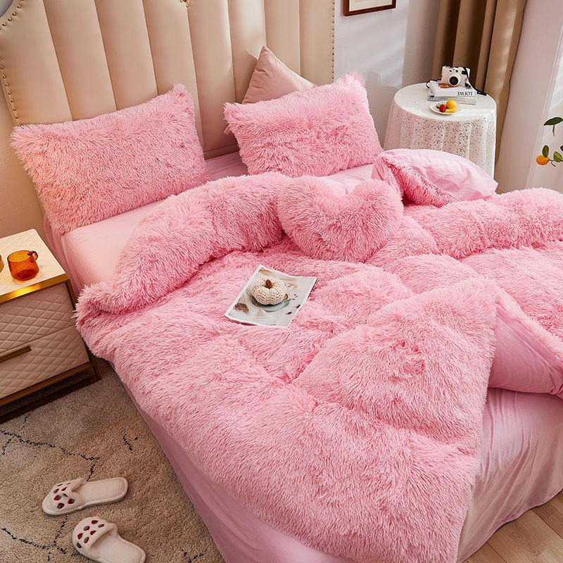 Coral Fleece Four-piece Set Mink Fleece Thick Flannel Double-sided Fleece Plush Quilt Cover Crystal Fleece Home Bedding Set