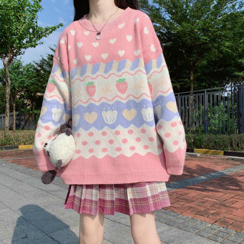 Japanese Preppy Style Autumn Winter Women Sweater Pink Strawberry Heart Warm Knitted Pullover Cute Kawaii Sweet Soft Overcoat