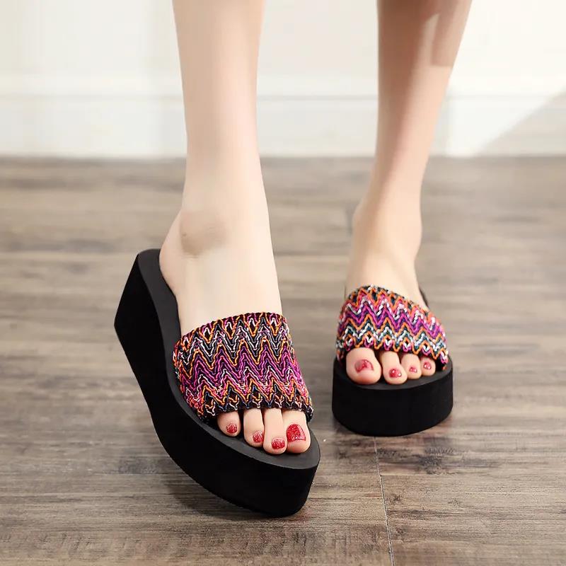 Summer One Word Slippers Girls Wear Fashion Wedge Heel Beach Shoes Non-slip Sandals