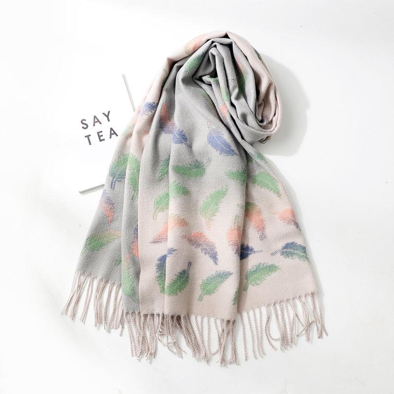 Winter Scarf Women Wool Feather Print Cashmere Scarf Pashmina Tassels Women Men Wrap Shawl