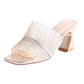 Mesh Rhinestone Open-toe High-heeled Sandals Women's Thick Heel Slippers Middle Heel Elegant Sandals All-match Simple Slippers Patchwork Sandals