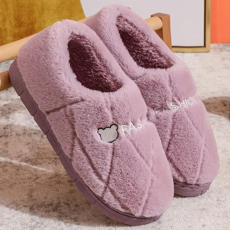 Women Unisex Winter Home Slippers Leather Waterproof Non Slip Slippers Plush Warm Indoor
