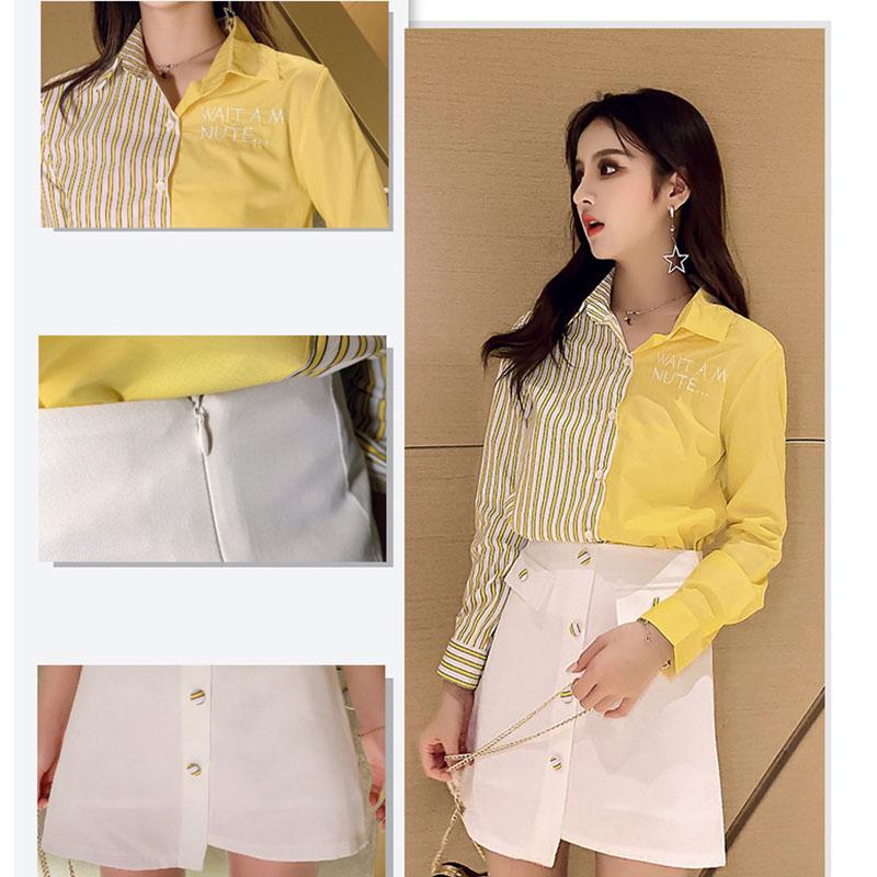 Pofulove Women Summer Shirt 2-piece Set long sleeve striped shirt Asymmetrical Skirt 2 piece Sets