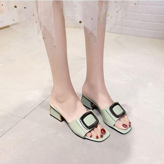 Korean Version  High-heeled Slippers Women's Summer Wear Mid-heel Sandals Fashionable  Versatile Thick-heeled Slippers