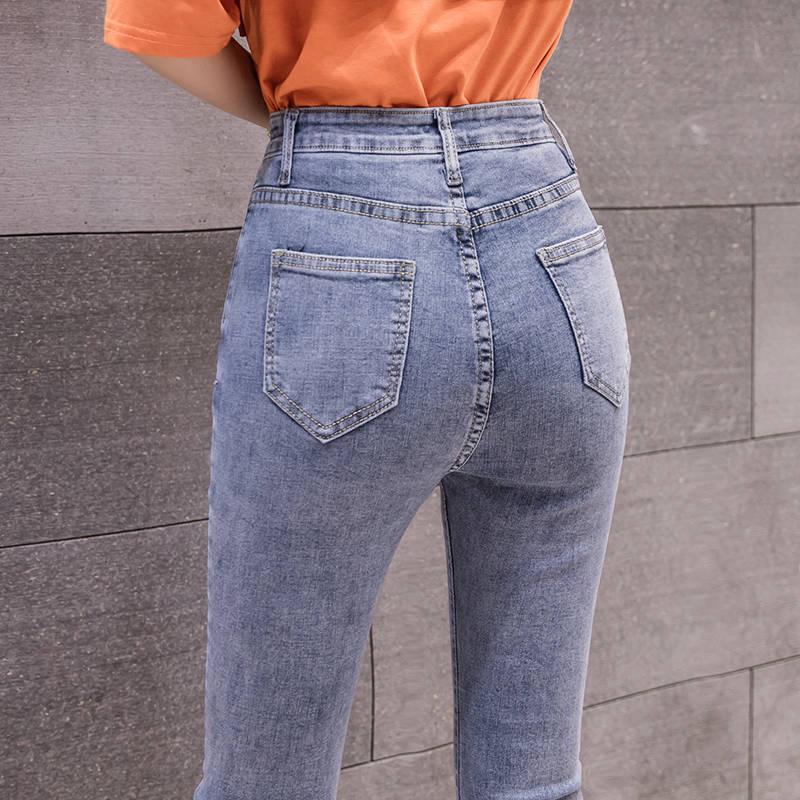 Women High Waist Jeans Button Pants Trousers Bell-bottom Pants Casual Fake Zippers Flared Pants