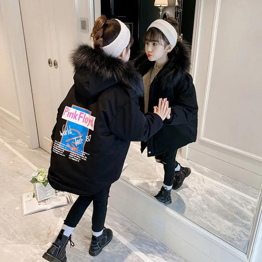 Girls' Warm and Windproof Winter Coat Plus Velvet Thick Casual Mid-length Fur Collar Coat