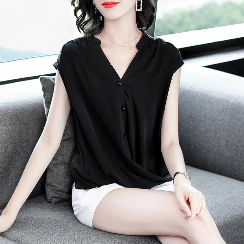 V-neck Chiffon Shirt Women's Summer Belly Cover Blouse Short-sleeved Loose Temperament Sleeveless Slim Solid Color Large Size Shirt Women Summer Top