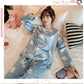 Ice Silk Pajamas Set V Neck  Long-sleeved Set for Womens Spring Autumn Thin Flower Cartoon Printed Outer Wear Home Clothes Two Pieces Set