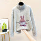 Faux Mink Half Turtleneck Sweater Rabbit Patch Loose Pullover Sweater Casual Plus Size Women's Sweater