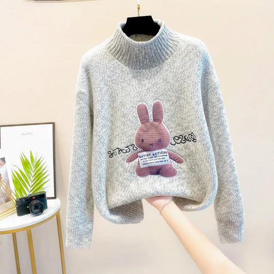 Faux Mink Half Turtleneck Sweater Rabbit Patch Loose Pullover Sweater Casual Plus Size Women's Sweater