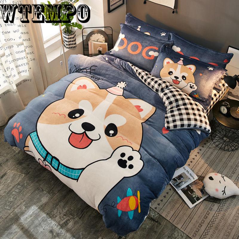 Warm Flannel Four-piece Double-sided Quilt Cover Cartoon Winter Coral Fleece