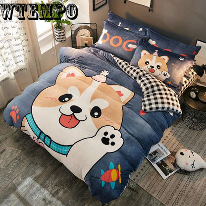 Warm Flannel Four-piece Double-sided Quilt Cover Cartoon Winter Coral Fleece