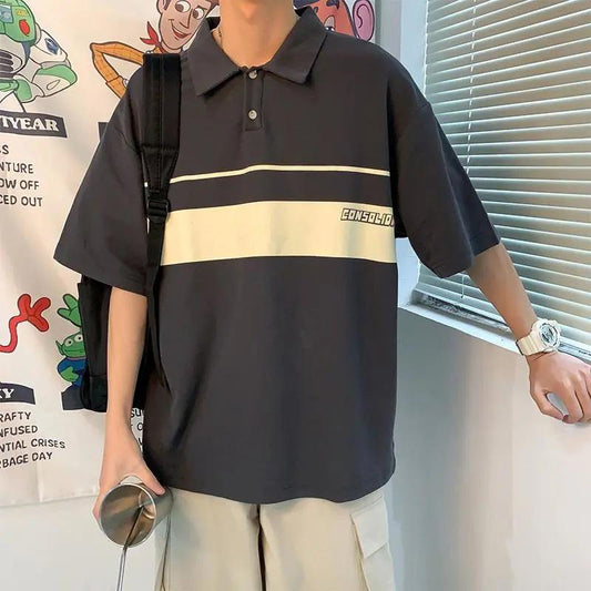 Summer Polo Shirt Short-sleeved T-shirt Boys Loose Casual All-match T-shirt Stand-up Collar Men's Color Matching Ins Top