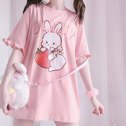 Harajuku Bunny Strawberry Shirt with Ruffles Kawaii Shirt Kawaii Clothing Soft Aesthetic Y2k Anime Shirt Japanese Shirt Cute Shirt Lolita