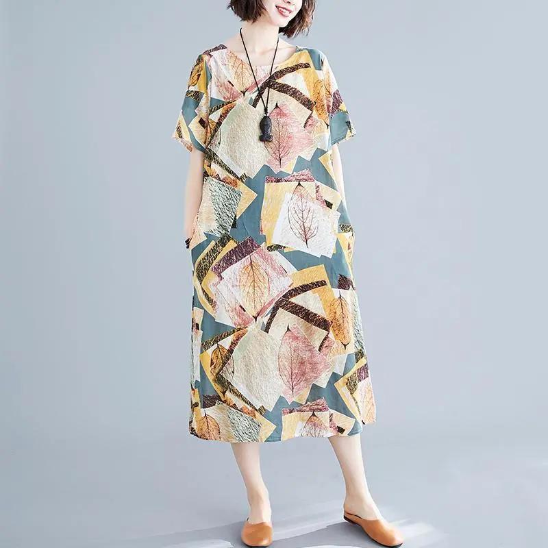 Large Size Dress Women's Summer Dress Literary Ethnic Women's Round Neck Print Loose and Thin Belly DRESS