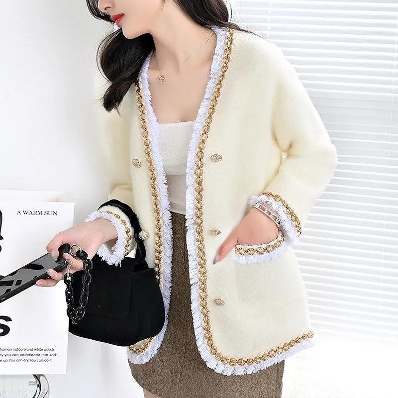 Imitation Mink Fleece Sweater Coat Cardigan Women's Spring and Autumn Style All-match Western Style Small Fragrance Knitted Top