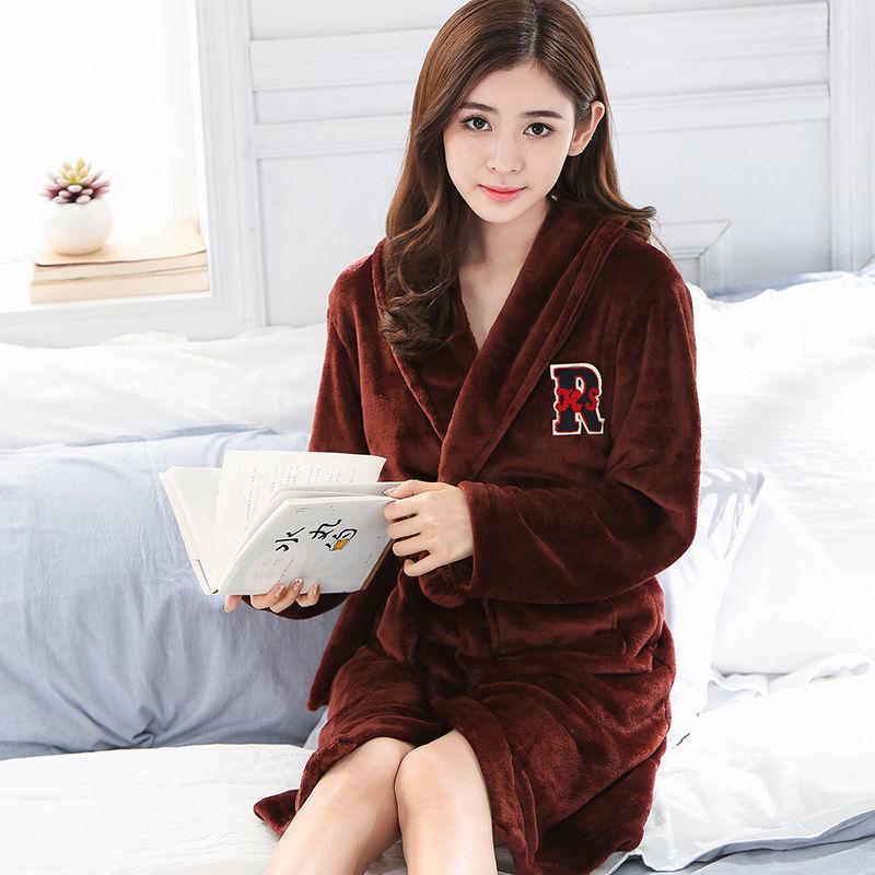 Printed Flannel Pajamas Coral Fleece Nightdress Robes Indoor Homewear Mid Length Bathrobes