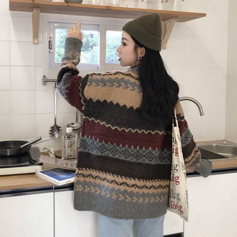 Pofulove loose college style jacquard diamond round neck sweater women's hedging wild students