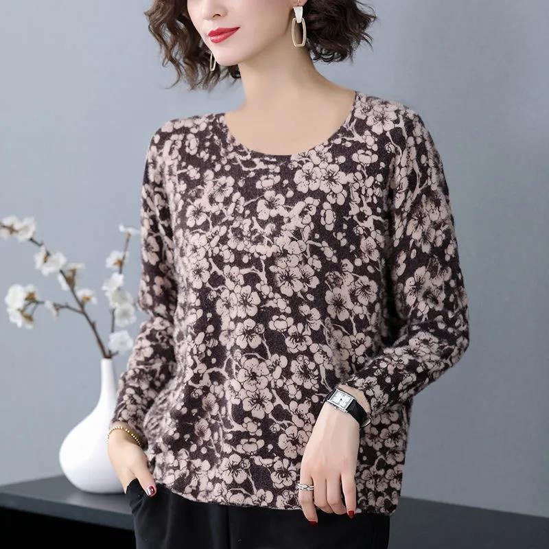 Spring and Autumn Mother Round Neck Long-sleeved T-shirt Women Floral Slim Top Women