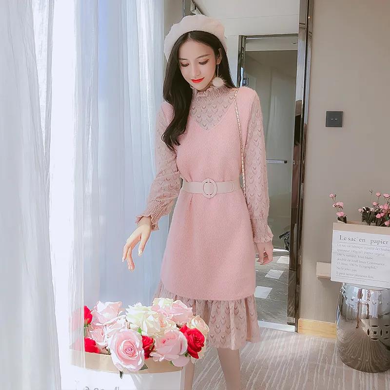 Autumn and Winter Korean Women's Long-sleeved Knitted Lace Dress Mid-length Loose and Thin Base Dress